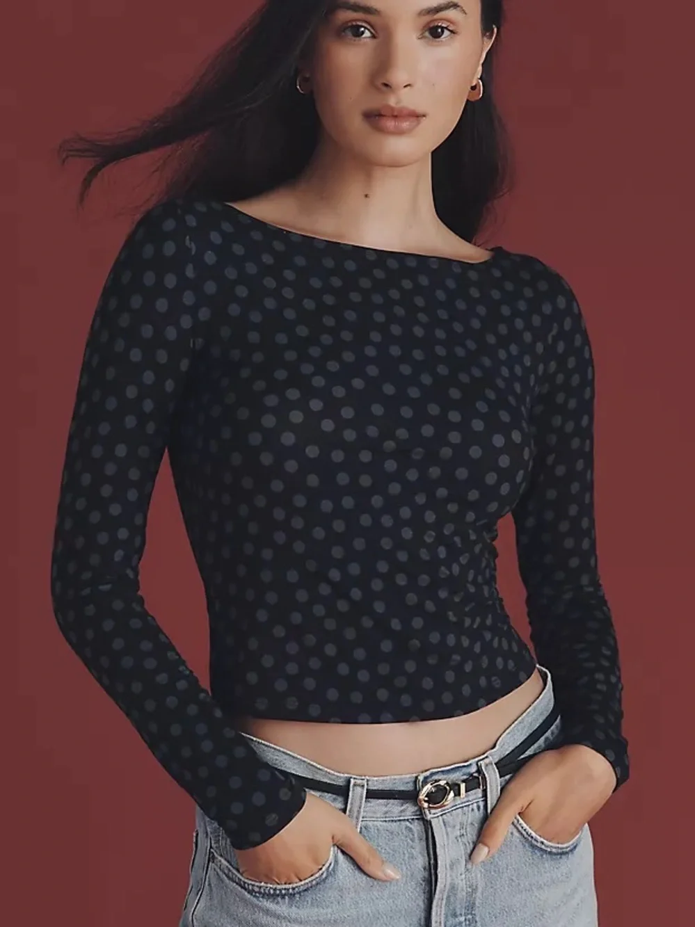 Reformation Wiley Knit Black Long-Sleeve Dot Top with Blue Polka Dots - Size S